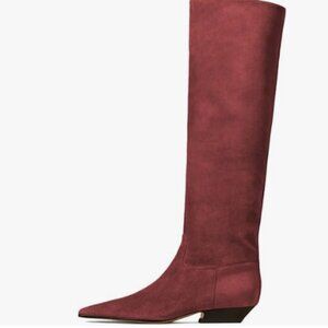 Tall Pointed-Toe Knee-High Heeled Boot in Burgundy